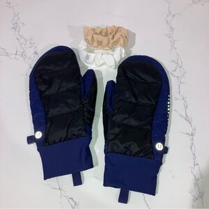 Lululemon Down For It All Navy & Black Mittens (size M/L) + 2 Scrunchies